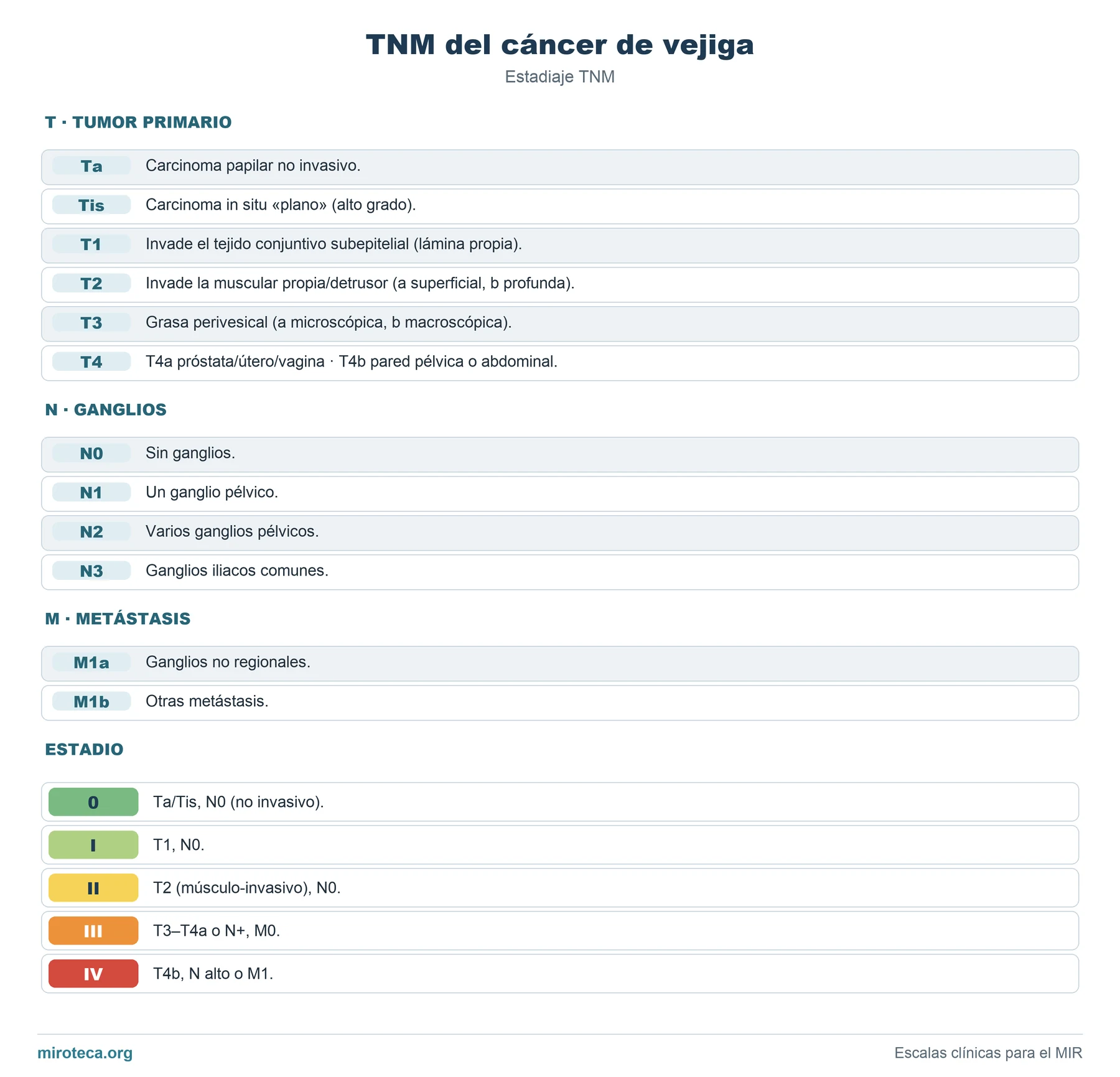 TNM del cáncer de vejiga: las categorías T, N y M con su descripción y la tabla de estadios del 0 al IV