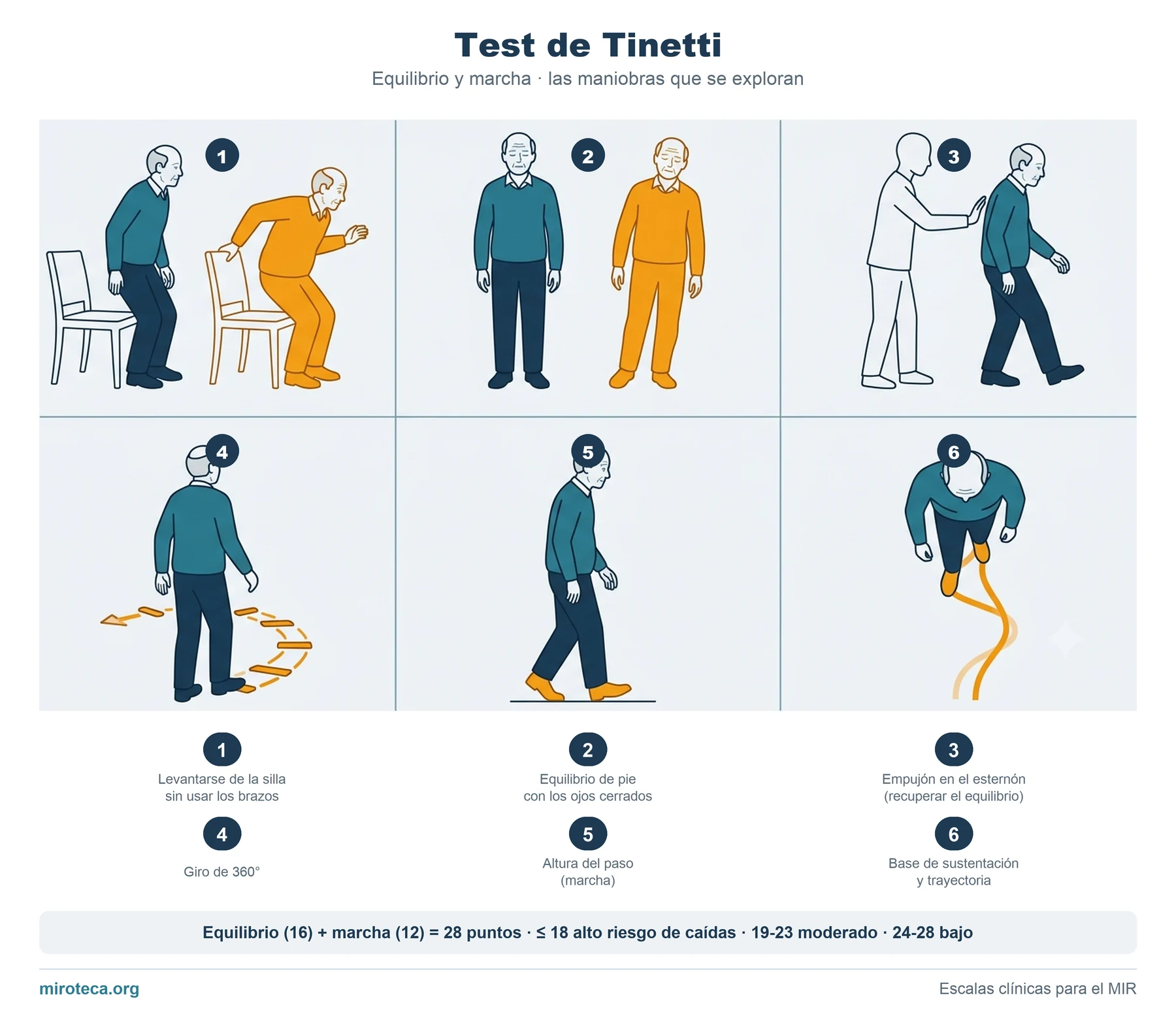Test de Tinetti: las maniobras de equilibrio y marcha que se exploran, numeradas del 1 al 6